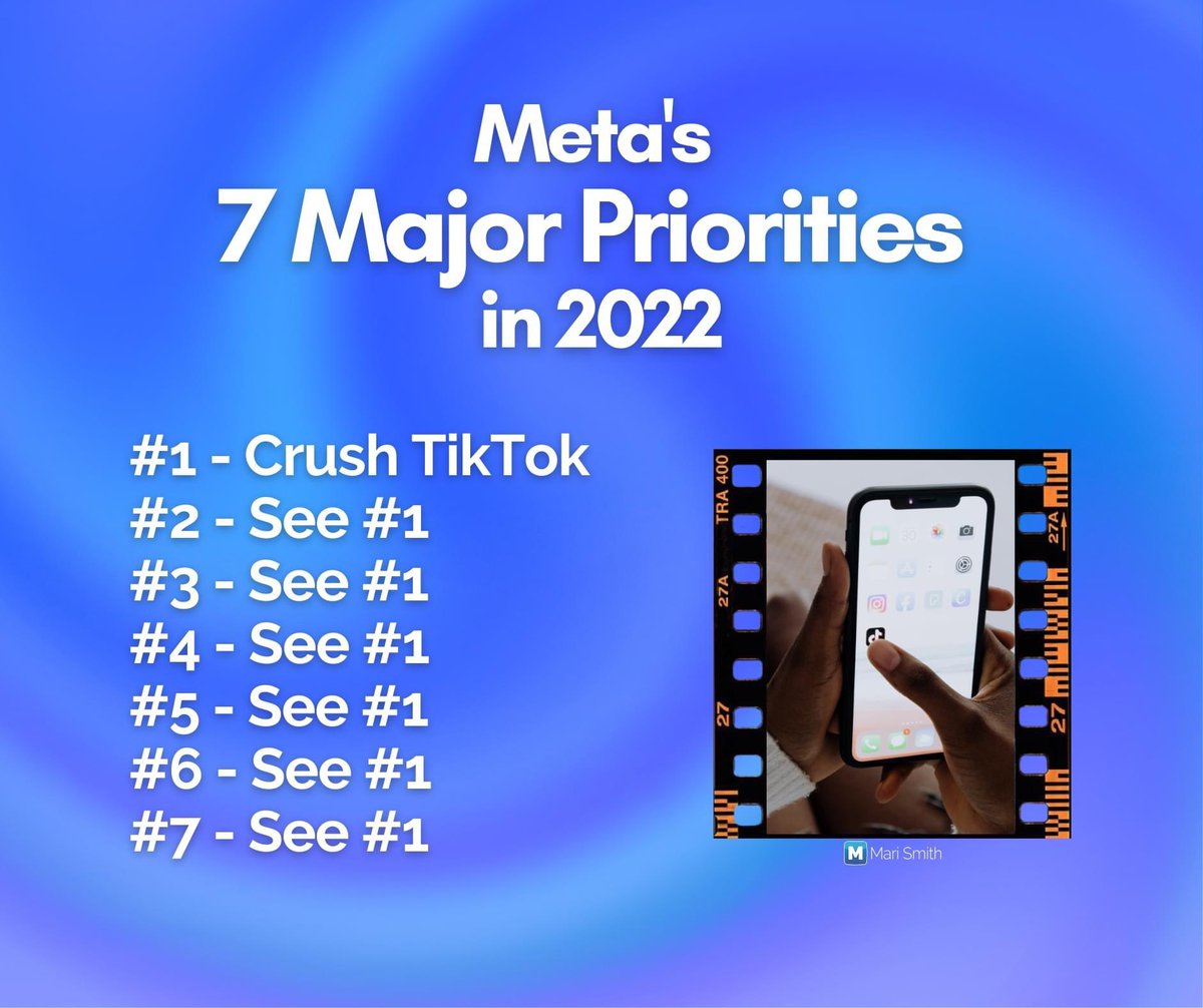 StephenCaggiano's tweet photo. Mark Zuckerberg declared the 7 major investment priorities of his empire in 2022 - see list below.
#meta #metaverse #facebook #FacebookNews #FacebookUpdates #MariSmith #AI #reels #instagramreels #facebookreels
Via @MariSmith https://t.co/UFwJ8M1HIX
