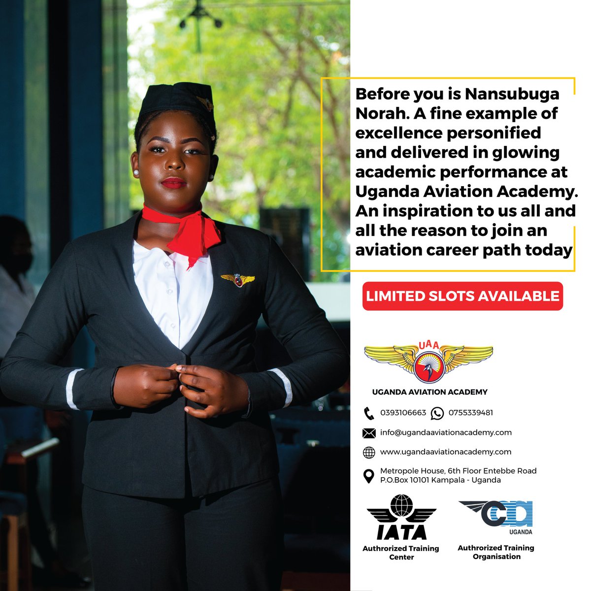 ugaviationsch's tweet photo. Before you is Nansubuga Norah. A fine example of 
excellence personified and delivered in glowing 
academic performance at Uganda Aviation Academy.

REGISTER NOW!
Or Whatsapp us on +256 755339481 for assistance. 
#uaa #aviation #applynow #Feb2022intake https://t.co/CBkz4S88qf