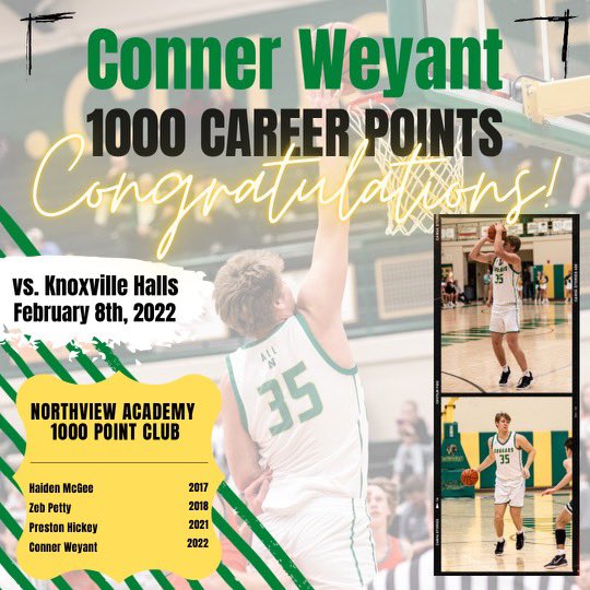NvaCougarsbball's tweet photo. Congratulations to Conner Weyant on getting his 1,000th career point against Halls. Conner becomes the 4th member of the 1,000 point club in Cougars history. @5StarPreps @prepxtra @maybew @NVACougars @SmokySportsTN https://t.co/XtilhLyWoi