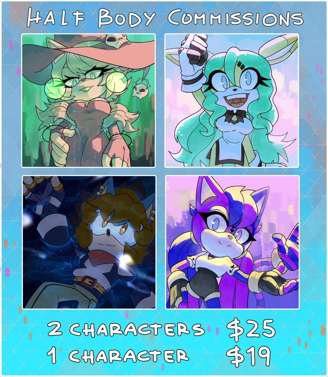 Hi! I update my Half body commissions

My fullbodys will be close the rest of the month (except if you have reserved one slot) 

Just the full body and icons are open 
I have anime style commission (just for human character) 

If you are interested in something send me DM 💙