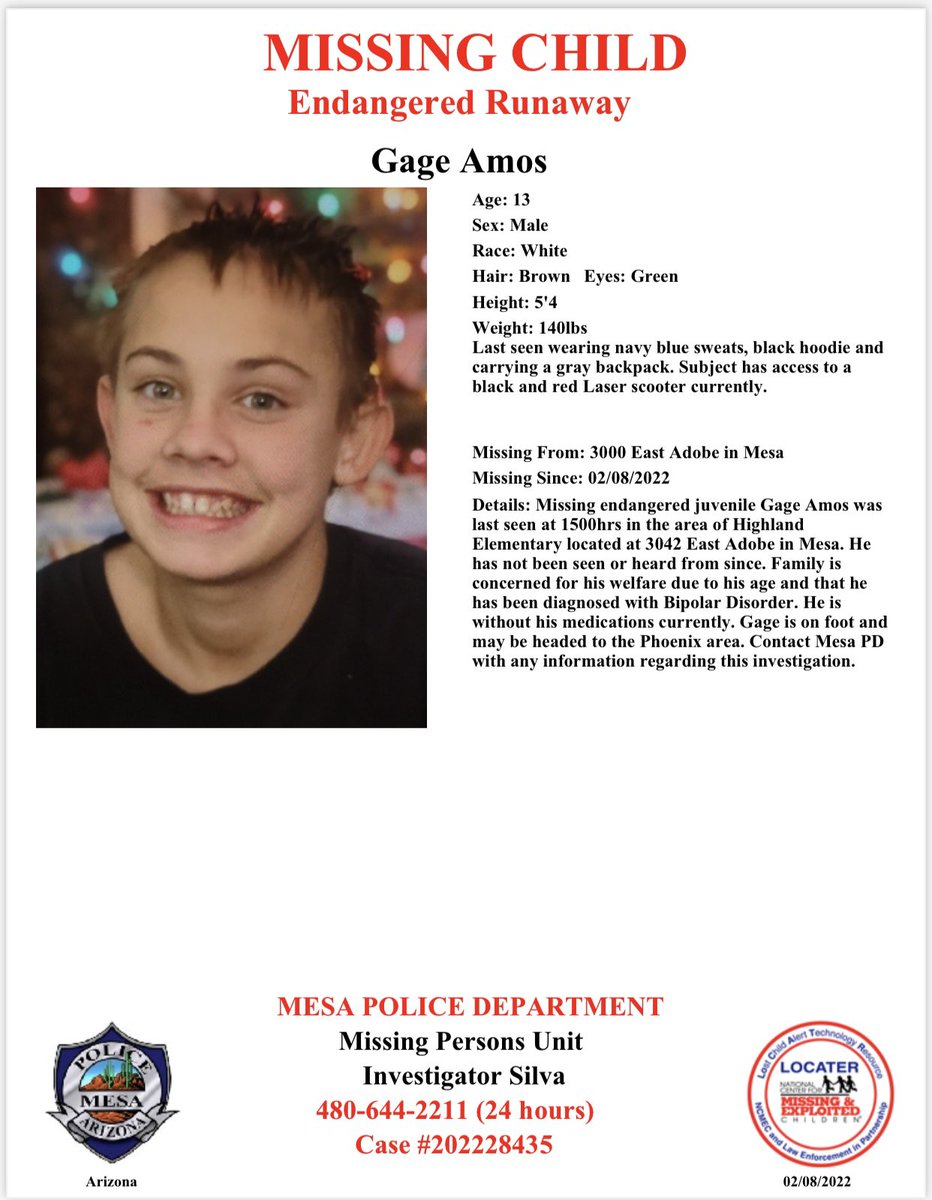 MesaPD's tweet photo. We need your help locating Gage Amos. He was last seen today around 3:00 p.m. by Highland Elementary (3042 E Adobe). He has access to a black and red Laser scooter and may be headed to Phoenix. https://t.co/uAj85V35re