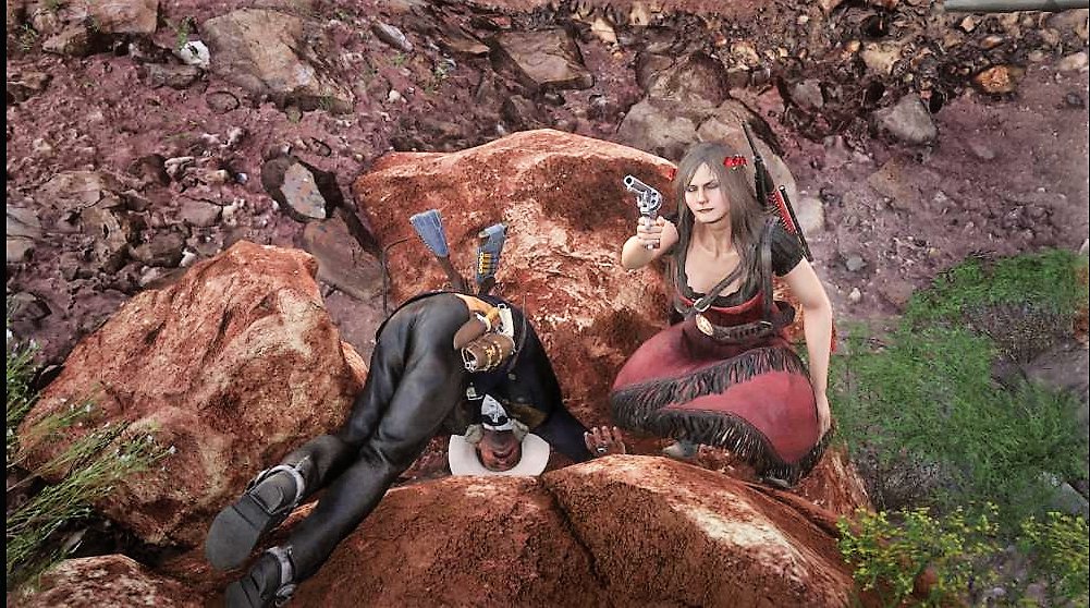 AshiraDelray's tweet photo. I said roses not petunias and don't let me catch you again with that floozy at the Saloon! 
#SaveRedDeadOnline #RDO 
#RDR2Online #RDR2 #RedDeadOnline 
#CouplesOfRedDead #GamingCouple https://t.co/NsNsTUB3Ww