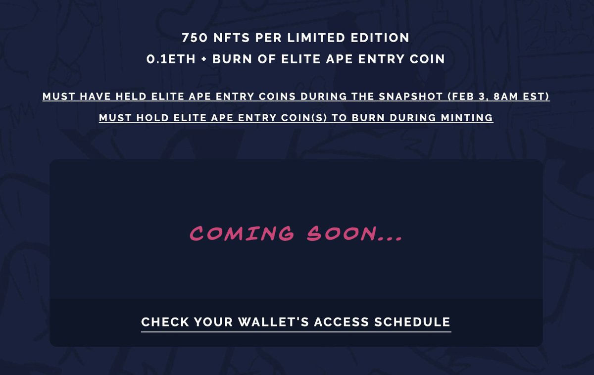 🚨 ATTN Elite Apes Entry Coin holders 🚨

You may now connect using "Check Your Wallet's Access Schedule" to confirm your Stage(s) of eligibility for the PUNKS #2 Elite Apes Collector's Editions!

👉 punkscomic.com