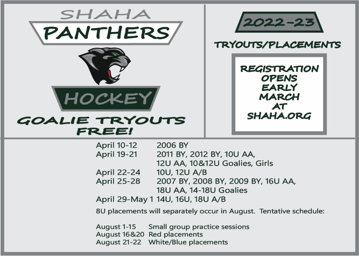 Tryouts &amp; Placements
SHAHA is excited to announce the tryout schedule for the 2022-2023 season!  Registration opens in early March at shaha.org