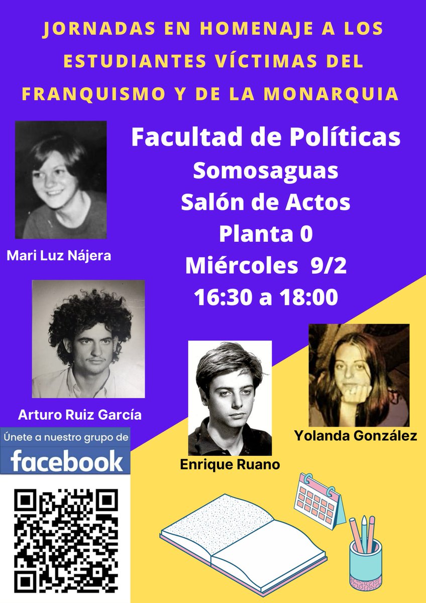 Invitamos a la asistencia en las Jornadas que hacemos  en Homenaje a los-as estudiantes víctimas del franquísmo y de la Monarquía. Hoy de 16:30 a 18:00h en la Facultad de Políticas ACM Somosaguas. Vuestros compañeros muertos merecen ser recordados. Os esperamos, no faltéis.