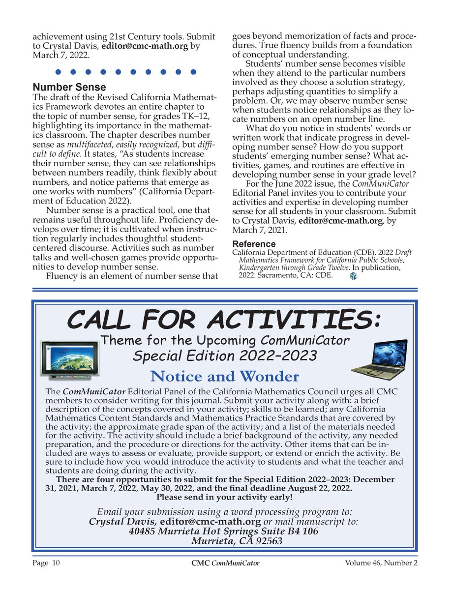 The ComMuniCator seeks articles on issues of interest to mathematics educators in California and mathematics activities for upcoming editions of the journal. Look at the upcoming themes and submit an article or activity before the next deadline 3/7.  #cmcmath #iteachmath #MTBOS