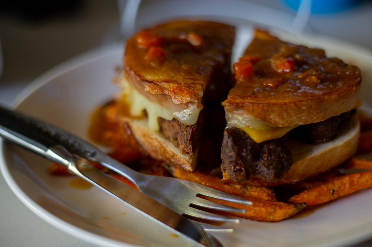 Cheesy meatloaf melt, sweet potato fries, oxtail gravy. 

Fork and knife sandwich life.