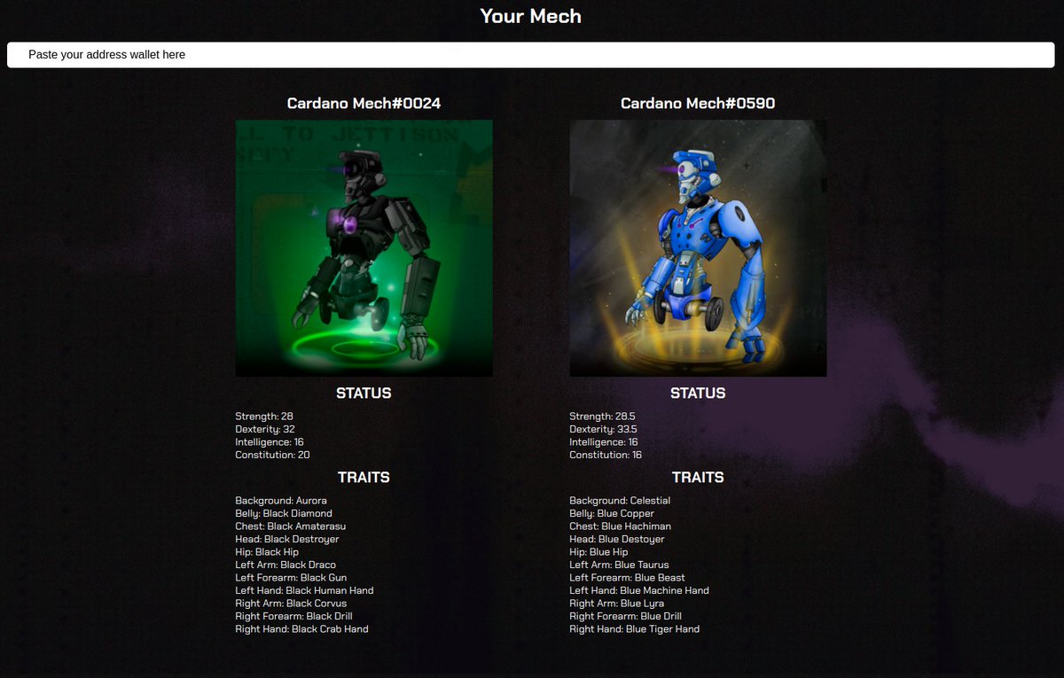 You can now access our website and see your Mech's status, just paste your wallet address in the "Your Mech" section on our website. 
Soon we will update with some more stats and the ranking of all Mechs. 

#CNFTcollection #CNFT #CNFTcollection #NFTCommunity #Cardano  #nft #ADA