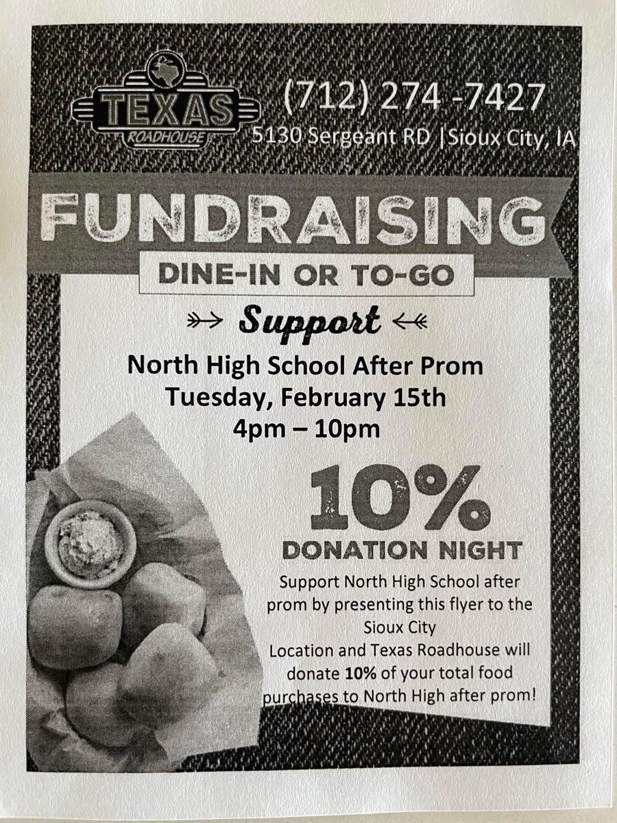 NHS_SCCSD's tweet photo. Make plans to support the 2022 NHS Prom Committee and eat at Texas Roadhouse on Tuesday, Feb. 15 between 4p-10p! Just mention this post to your server and 10% of your total purchase will go to North Prom 2022! Dine-In or To-Go orders! All proceeds will benefit the 2022 NHS Prom. https://t.co/5UPDKWIelb