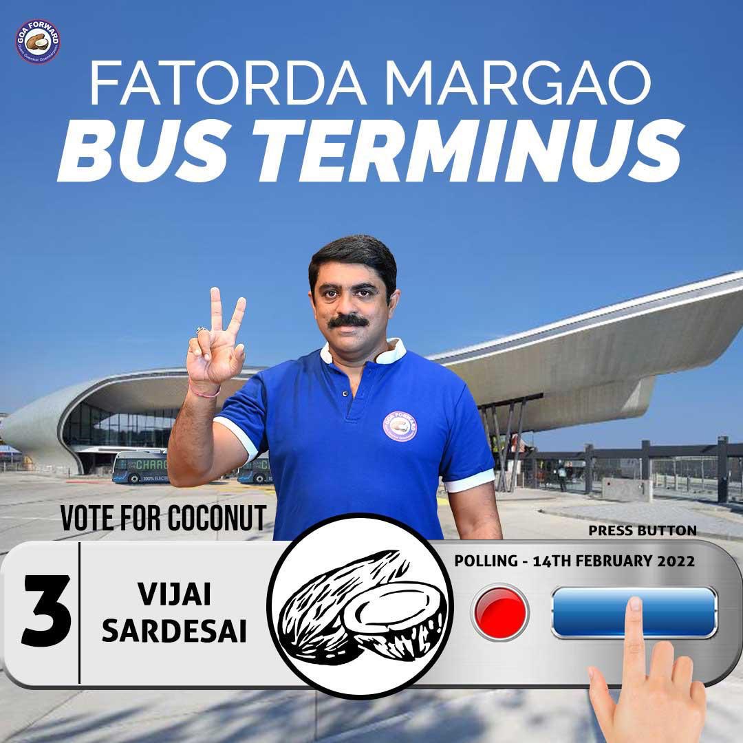 Goaforwardparty's tweet photo. LET’S DO MORE! The multi-facility Fatorda-Margao bus terminus was initiated by @VijaiSardesai. The new @INCGoa - @Goaforwardparty  alliance will take it forward. 
#ChalYaFuddem
#LetsDoMore 
#VoteForVijaiSardesai 
#VoteForCoconut https://t.co/5bx9B7a0eK