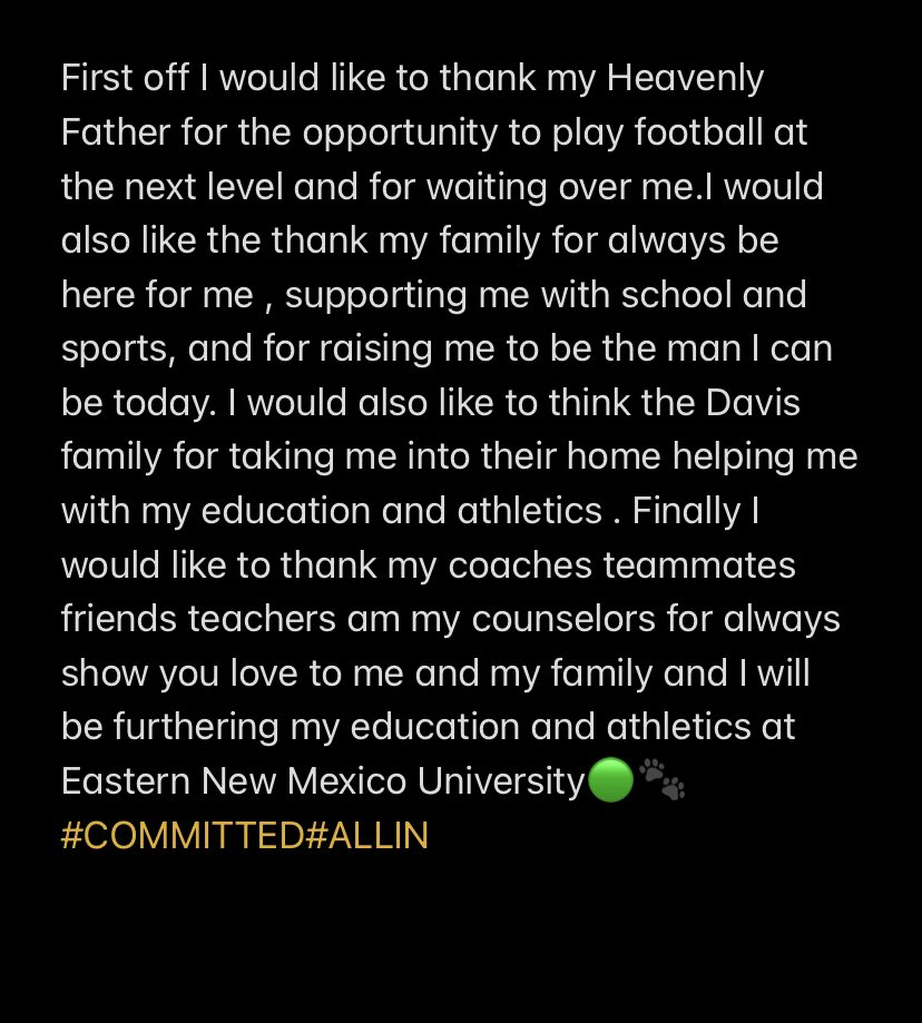 VaveSamu's tweet photo. Just what to say thank you to my family,friends,coaches,and teammates for everything y’all have done for me💯  i will be signing to Eastern New Mexico🟢🐾@COACHZOO88 @CoachBeaudin @JoHampto @CoachCalaisNC @NolanCatholicFB @ENMUFootball @VFisiiahi https://t.co/YaV8Xf856B