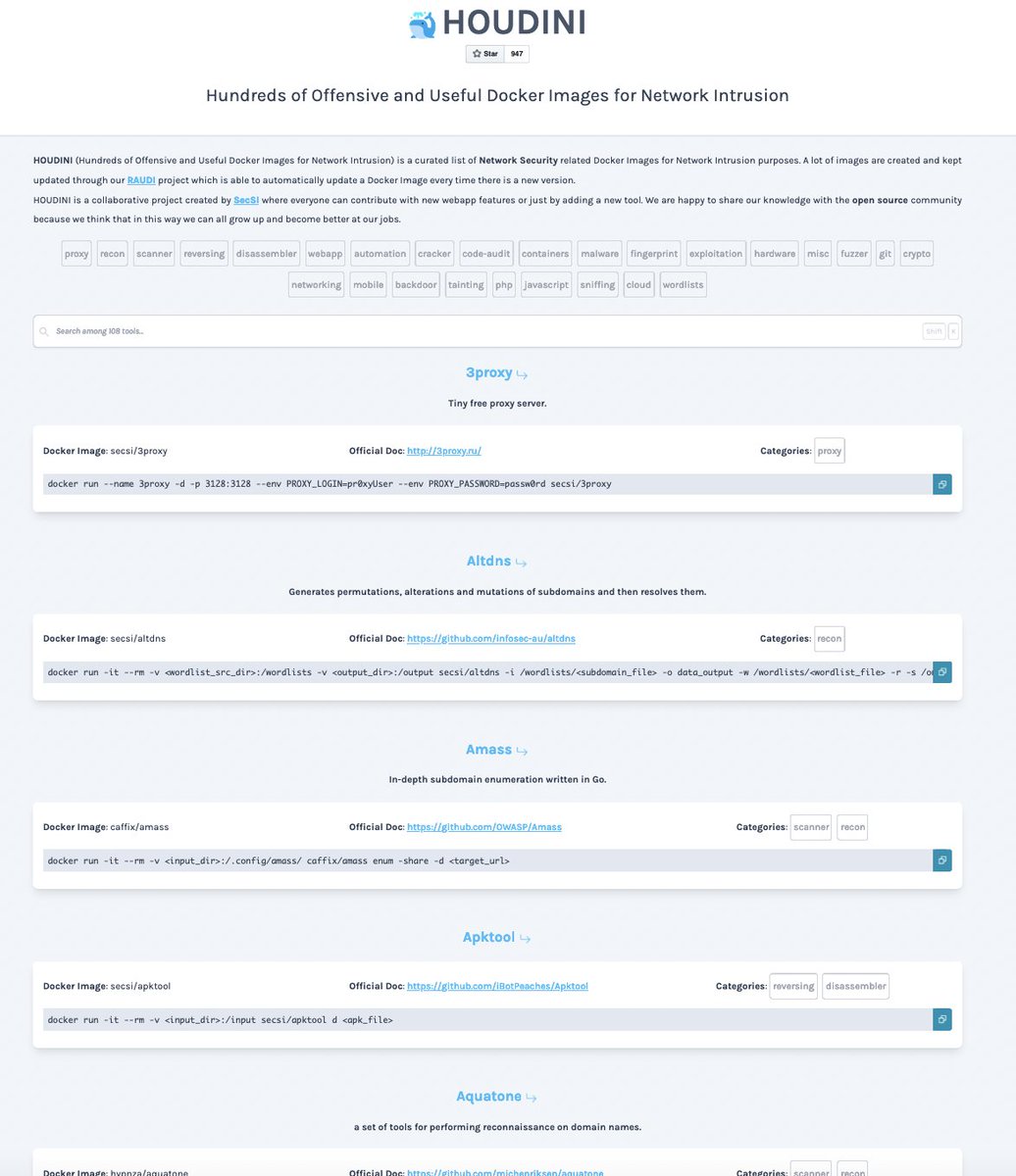 🐳 Collection of Hundreds of Offensive and Useful Docker Images of tools for #Pentesting and recon

🔗 houdini.secsi.io

#bugbounty #infosec #cybersecurity #redteam