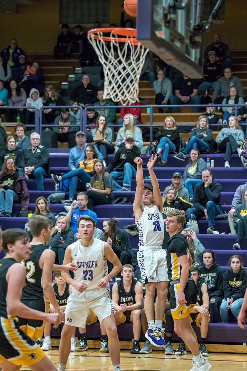 In tonight's win at ELC, senior guard Karter Petzenhauser broke the Spencer school record for 3Pt field goals made in a career with 127! (Photo courtesy of Derek Bailey)