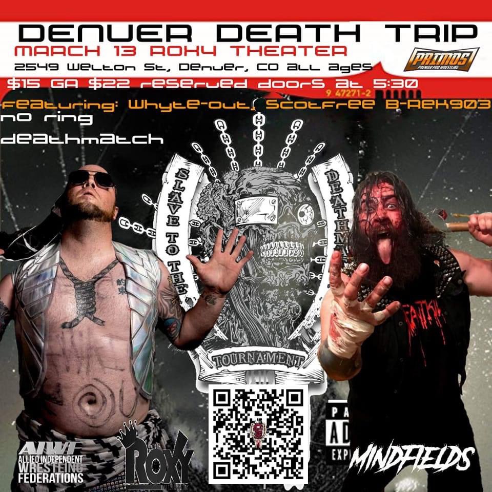PrimosWrestling's tweet photo. Sunday 3.13.22 
Slave to the Deathmatch Tournament brings you Denver Death Trip !! 
Live from @theroxydenver !! 

#iAmTheProvider @JoeMcDougal vs The Hipster Heartthrob Casanova Valentine @BlackDeathCas in a NO RING DEATHMATCH‼️

Get your tix now👇
https://t.co/Ic1JzsvmSs https://t.co/qtaRxIBKhm