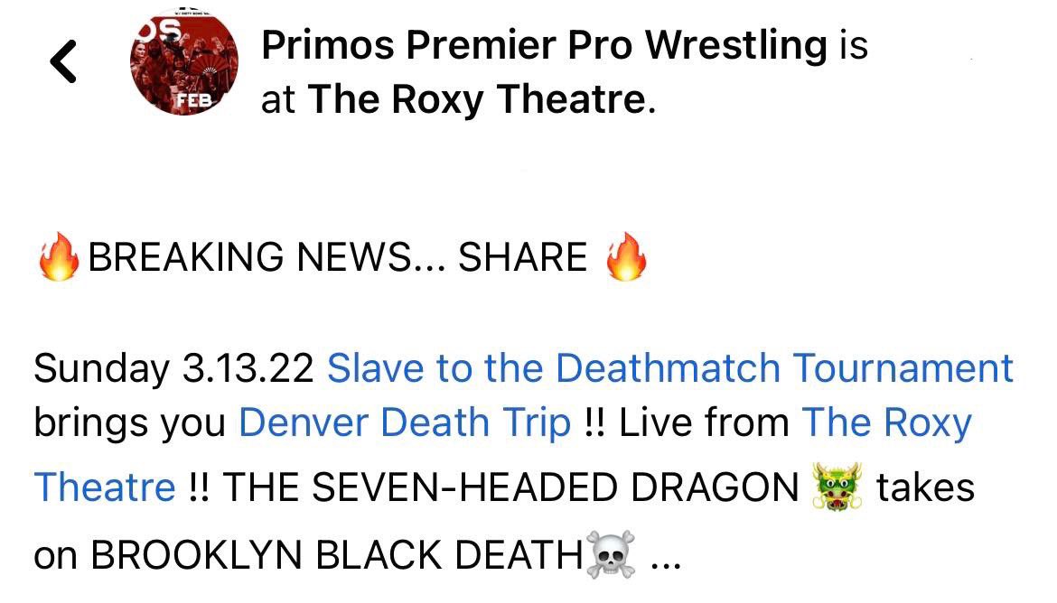 PrimosWrestling's tweet photo. Sunday 3.13.22 
Slave to the Deathmatch Tournament brings you Denver Death Trip !! 
Live from @theroxydenver !! 

#iAmTheProvider @JoeMcDougal vs The Hipster Heartthrob Casanova Valentine @BlackDeathCas in a NO RING DEATHMATCH‼️

Get your tix now👇
https://t.co/Ic1JzsvmSs https://t.co/qtaRxIBKhm