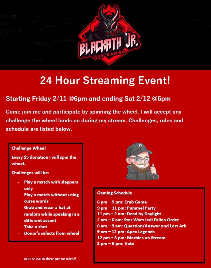 BlackathJ's tweet photo. Everyone!!! Guess what!? This Friday a 6pm Central Time I will be doing my first ever 24 Hour Stream on Twitch. Sunday is my Birthday so I'll be celebrating with you guys on the 24 Hour Stream! See ya there!!! #dragonsquad #lemonsquad๐ https://t.co/PEZmX26V9W