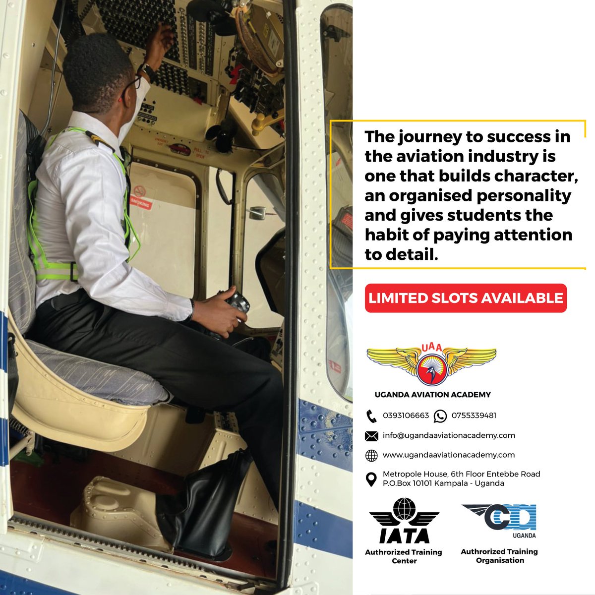 ugaviationsch's tweet photo. The journey to success in the aviation industry is one that builds character, an organized personality and gives students the habit of paying attention to detail. 

REGISTER NOW!
Or Whatsapp us on +256 755339481 for assistance. 
#uaa #aviation #applynow #Feb2022intake https://t.co/3ECYGlK7zE
