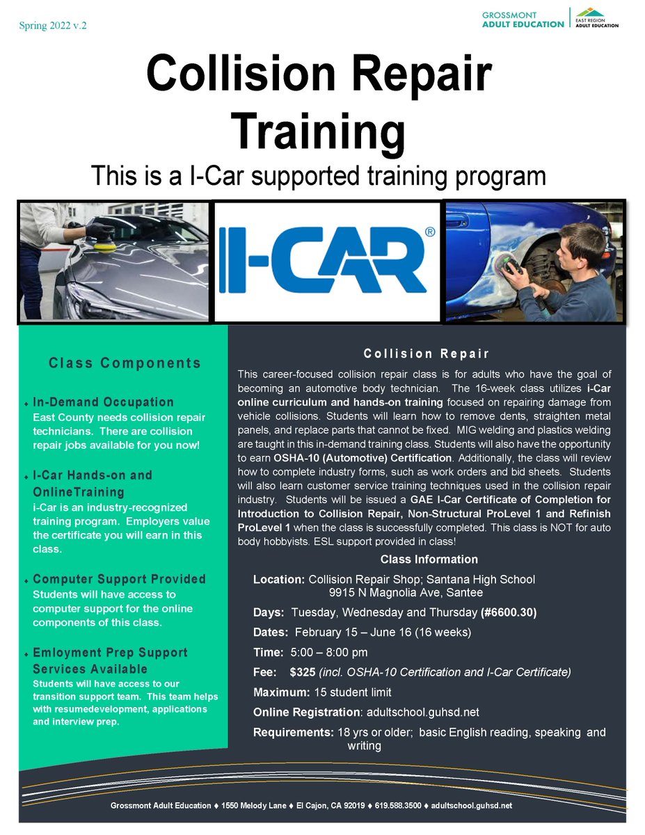 Interested in a career as an Automotive Body Technician?  Class starts February 15th.  Open to both fluent English speakers and English Language Learners. 
English language support offered as needed as part of the class.  Sign up at:  bit.ly/3rBkCCM  @GUHSDTweet
