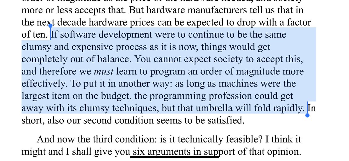 wagnerdennis's tweet photo. @aahoogendoorn @swardley @scottdavis99 Yup. And I always wonder why that is. Especially given how early people knew about that. I present to you quotes from the lecture ”The humble programmer“ by Edsger W. Dijkstra from 1972 (!) https://t.co/89sKCCHKlR