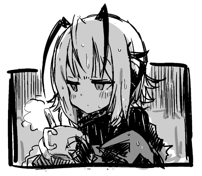 w (arknights) 1girl greyscale monochrome solo holding cup horns  illustration images