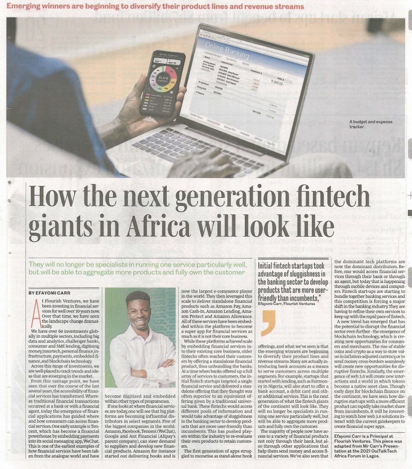 What does the future of African fintech look like? Come read my thoughts in todays copy of <a href="/NationAfrica/">Daily Nation</a> . <a href="/FlourishVC/">Flourish Ventures</a>