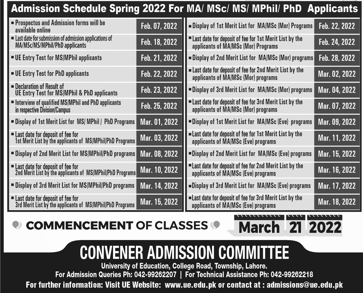 Ue_Jbd's tweet photo. Admissions are open for MA/MSc
/MS/MPhil/PhD programs

Apply Online: https://t.co/q8ac24ARHs
Download Prospectus: https://t.co/VaK2LuzRh7

Last Date: 18 February 2022

#AdmissionsOpen #Admission #spring2022 #admission2022 #ue #universityofeducation https://t.co/EwB9MjF8Wp