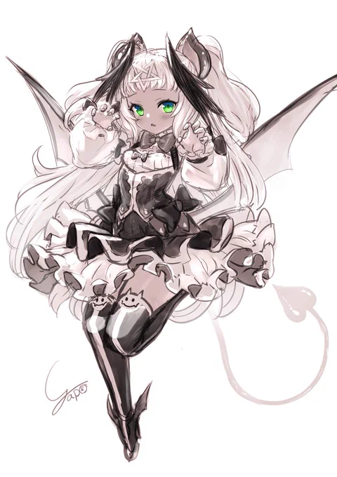 三姉妹が縦に並んだ絵の一人だったけども、いつか単体で描ける事を願って好きな要素もりもりでキャラデザしたけど結局一度もそんな機会がなかったキャラクター。 