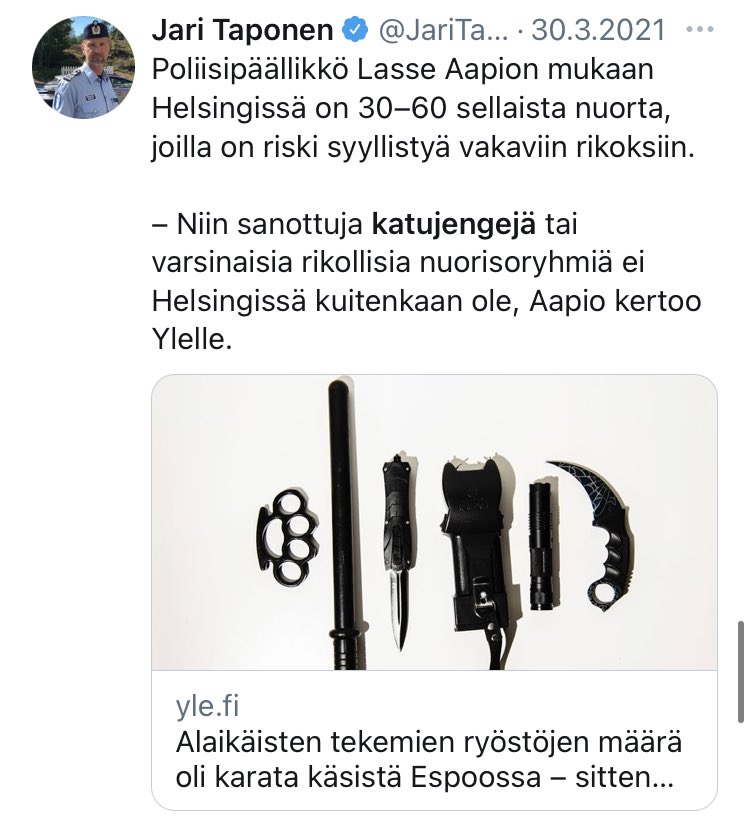 pbyrokraatti's tweet photo. Tähän asti joka ikinen kerta, kun on varoiteltu maahanmuuttajien jengeistä ja Ruotsin tiestä, poliisin taholta on vähätelty asiaa ja leimattu väitteet "polarisoivaksi vihapuheeksi".

Nyt kun ongelmaa ei voi enää lakaista maton alle, jengejä on jo KYMMENEN!
https://t.co/KlsbDQpXlv https://t.co/GjB2GPCPhj