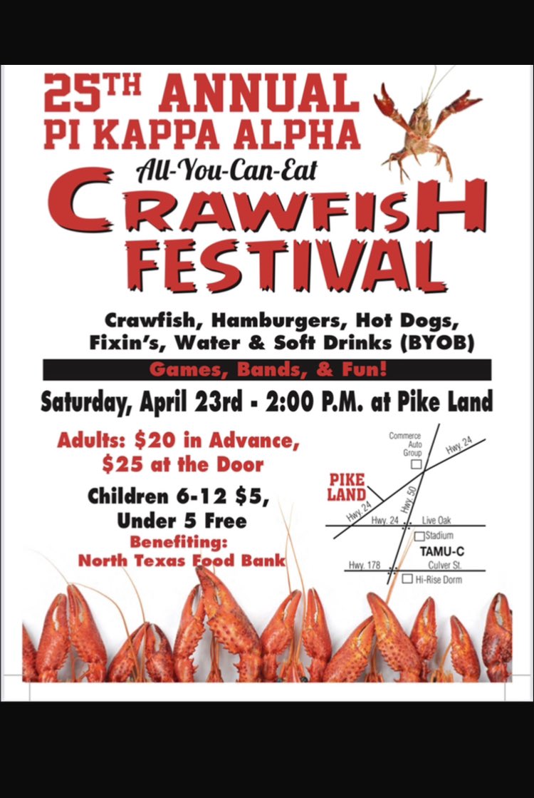 Pike is hosting their 25th annual Crawfish Festival April 23! This event benefits the North Texas Food Bank!
DM <a href="/TAMUCPIKES/">Pi Kappa Alpha</a> to purchase tickets! 

#golions #gogreek #tamuc #tamuc26 #tamuc25 #tamuc24
