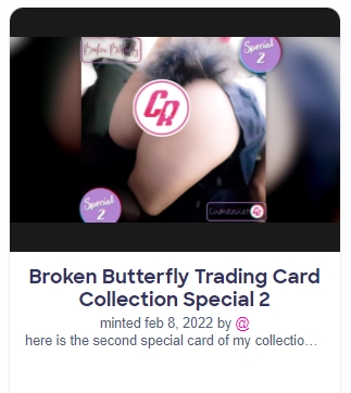 B_Butterfly15's tweet photo. ๐จAlert of new NFTs!!๐จ
I listed the second special edition of my trading card, a very special video is included ๐ฅ๐ฆ
โ
Go to my @CumRocketCrypto profile yo collect them
https://t.co/Vly8aIGDRJ
#CumRocketCrypto #Cummies #NFT #NFTs #WomeninNFTs #NFTCommunity #NFTCollection https://t.co/uC8Ssm4dHt