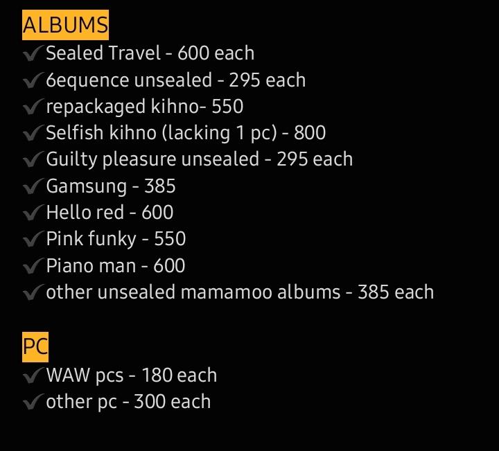 rav_kshopph's tweet photo. #RAV_AVAILABLE | WTS/LFB
Mamamoo albums & pc
✔Sealed Travel
✔Unsealed 6equence, repackaged kihno, Selfish kihno, Guilty pleasure unsealed ,Gamsung, Hello, Pink funky, Piano man, melting, yellow flower, RIB, purple, red moon, blue;s, white wind
DOP: 02/12
ETA: Normal
DM us https://t.co/YiQuJ4x8zy