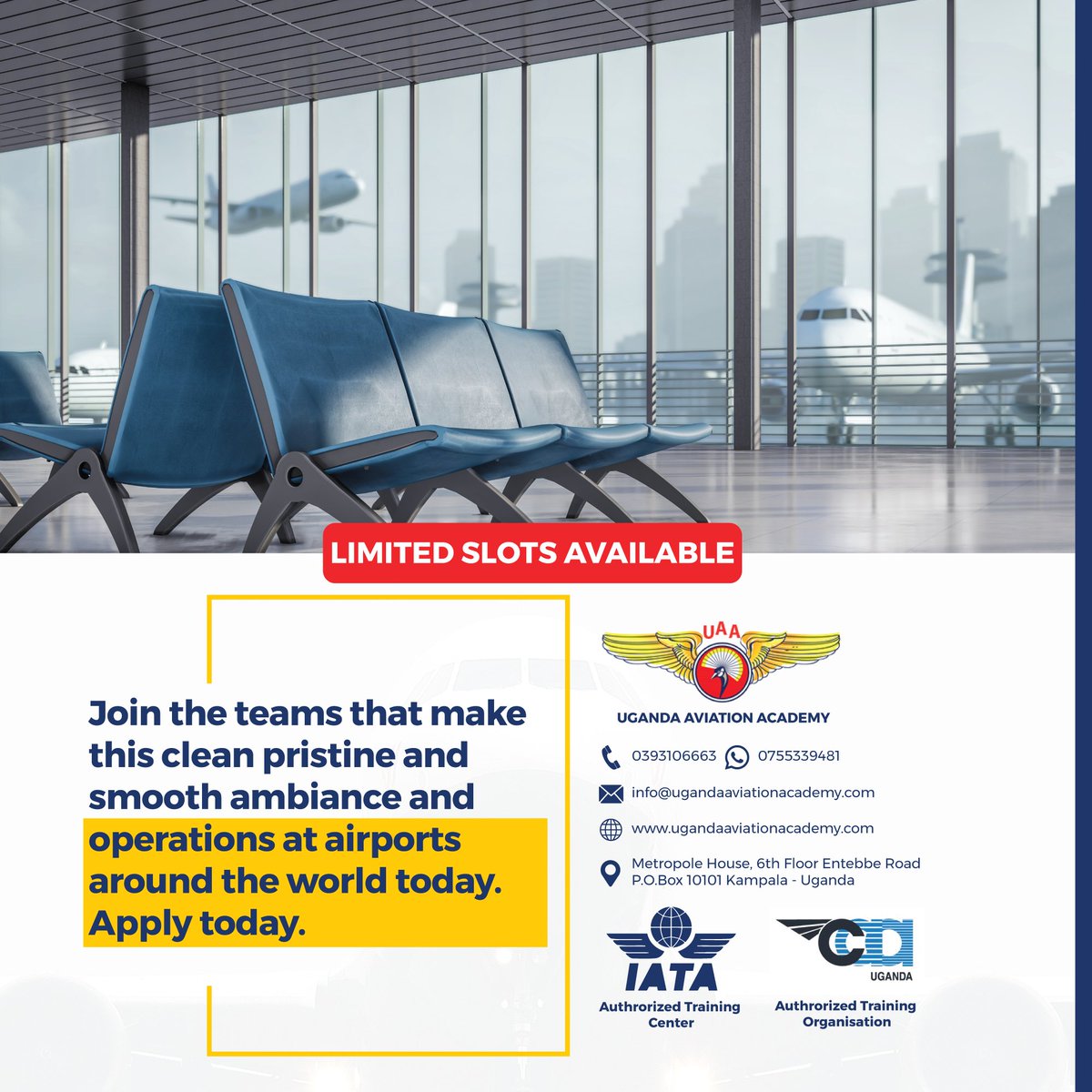 ugaviationsch's tweet photo. Join the teams that make this clean pristine and smooth ambiance and operations at airports around the world today.
Apply today.

REGISTER NOW!
Or Whatsapp us on +256 755339481 for assistance. 
#uaa #aviation #applynow #Feb2022intake https://t.co/MPcyWs6nc3