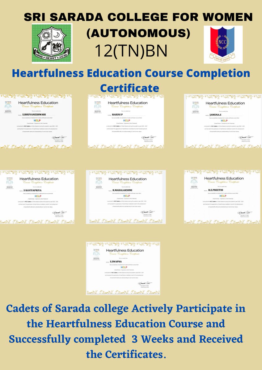 Srisarada_NCC's tweet photo. "Life Doesn't Just Happen It ,It  Requires Our Participations"
Cadets of Sri Sarada college Actively Participated in the Heartfulness Education Course and Received the Certificates.
12(TN)BN,NCC.

ANO .Lt.Dr.S.Ramya Niranjani
#NCC 
@12Salem6
#Heartfulnesseducation
#Saradites https://t.co/7WYS2ZL0Vj