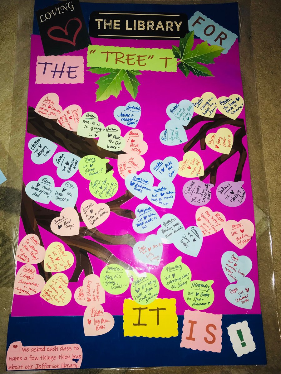 All last week, we asked students to pick a color heart for their class &amp; state what they 💙 abt library, or their fave books. Our mascot Skelly rcvd tons of love too. I had to write fast at the front of the room-excuse the ckn scratch. Great answers abound!

#bcsdreads
#teambcsd