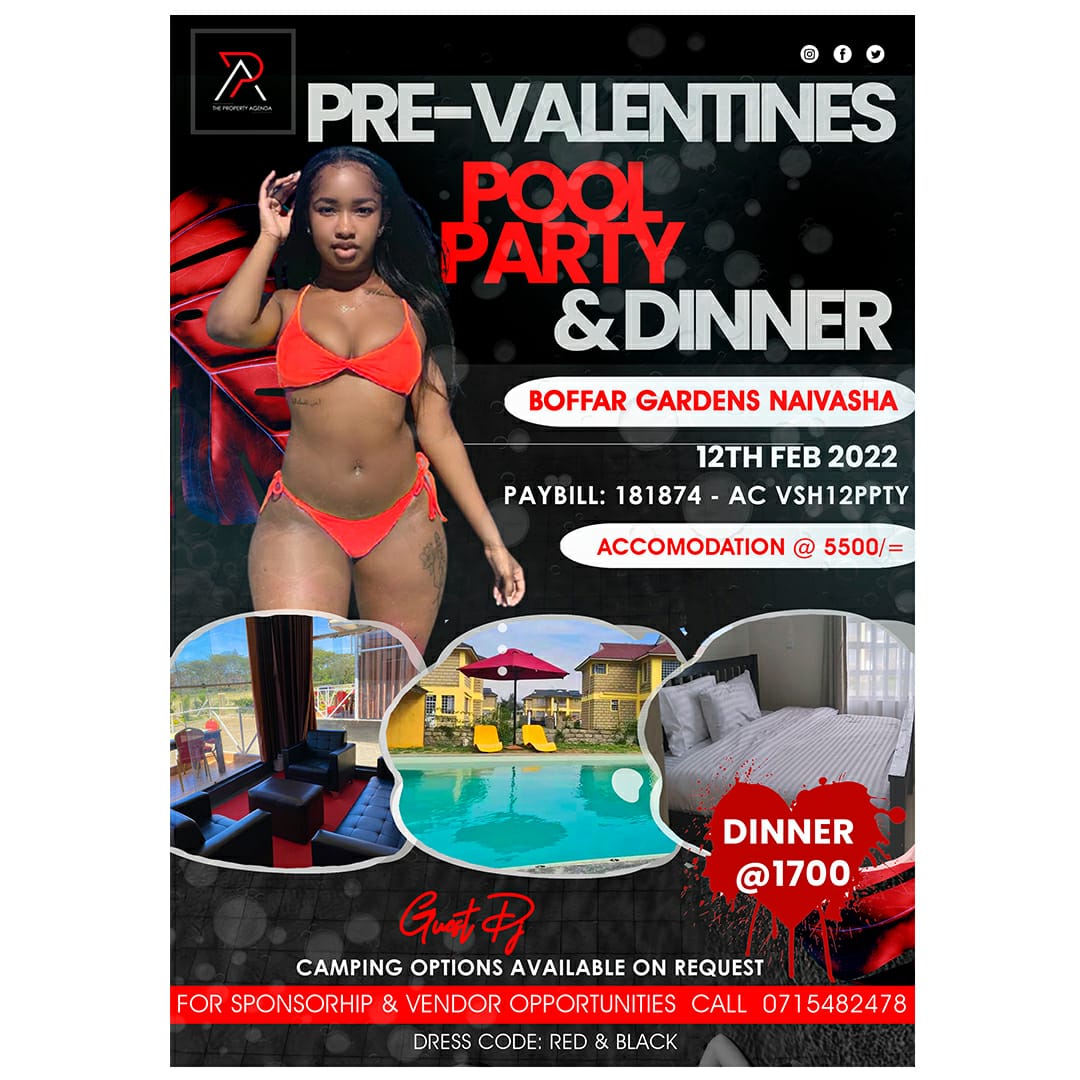 Aria_Nawi's tweet photo. What's y'all doing 12th Feb? Twendeni Vashaa Boffar Gardens . Entry ni Free  na party ni for singles and couples. To much to eat and drink.  Call 0715482478 for accomodations and dinner reservations. 
It's a Pre-valentine pool party. https://t.co/QOOjWQGexp