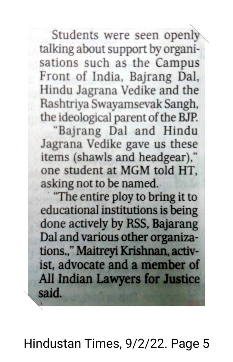 DrParvezM's tweet photo. Today's @htTweets page 5.
Muskan had told Vishnu Som that most students heckling her for wearing the #Hijab were from outside. Now we know who is supporting them, if we didn't already know this!
#KarnatakaHijabRow https://t.co/oo8qxde7Gp