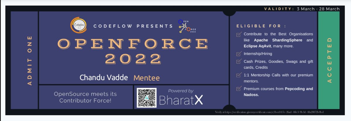 ChanduVadde4's tweet image. "Opensource meets its Contributor Force!"

I'm happy to share that I recently got selected as a mentee for the Openforce 2022 organized by Codeflow and powered by BharatX. 

#codeflow #bharatx #openforce2022
