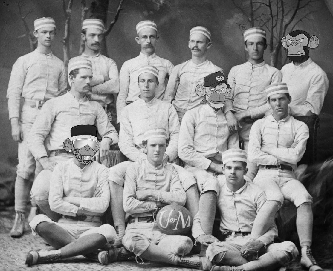 In 1879 Michigan defeated a team from Racine College. Irving Kane Pond to score the first touchdown. Apparently, when he scored he screamed out 
"IT'S AFC SEASON". 
No one knows what this actually meant. 🦧🏈 
#AFCszn #footballapes
|
|
|
#solana  
#nfl 
#p2egame
#SolanaNFTs