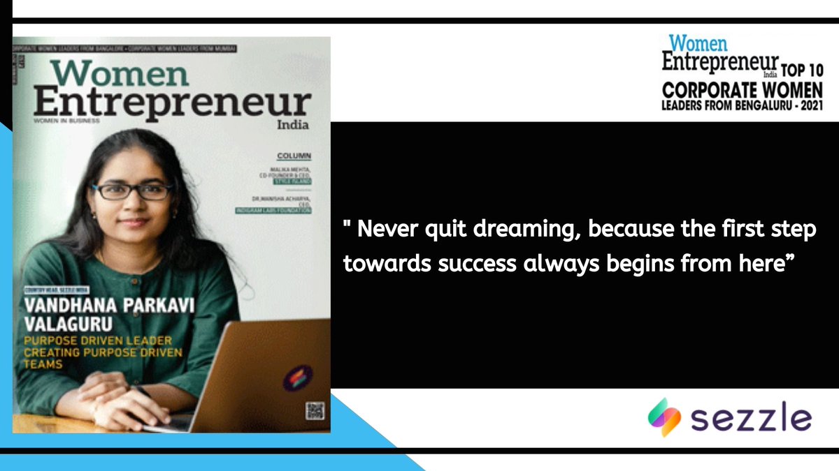 WomenEntrepre16's tweet photo. Vandhana Parkavi Valaguru, Country Head of @SezzleIN has been Selected by #WomenEntrepreneurIndia as one of the Top 10 Corporate Women Leaders From Bengaluru - 2021

Read More: https://t.co/PKlN1joMh7

#Electronics #Communication #Womenleaders #Womeninbusiness #Womenentrepreneurs https://t.co/iJY4ibJMwL
