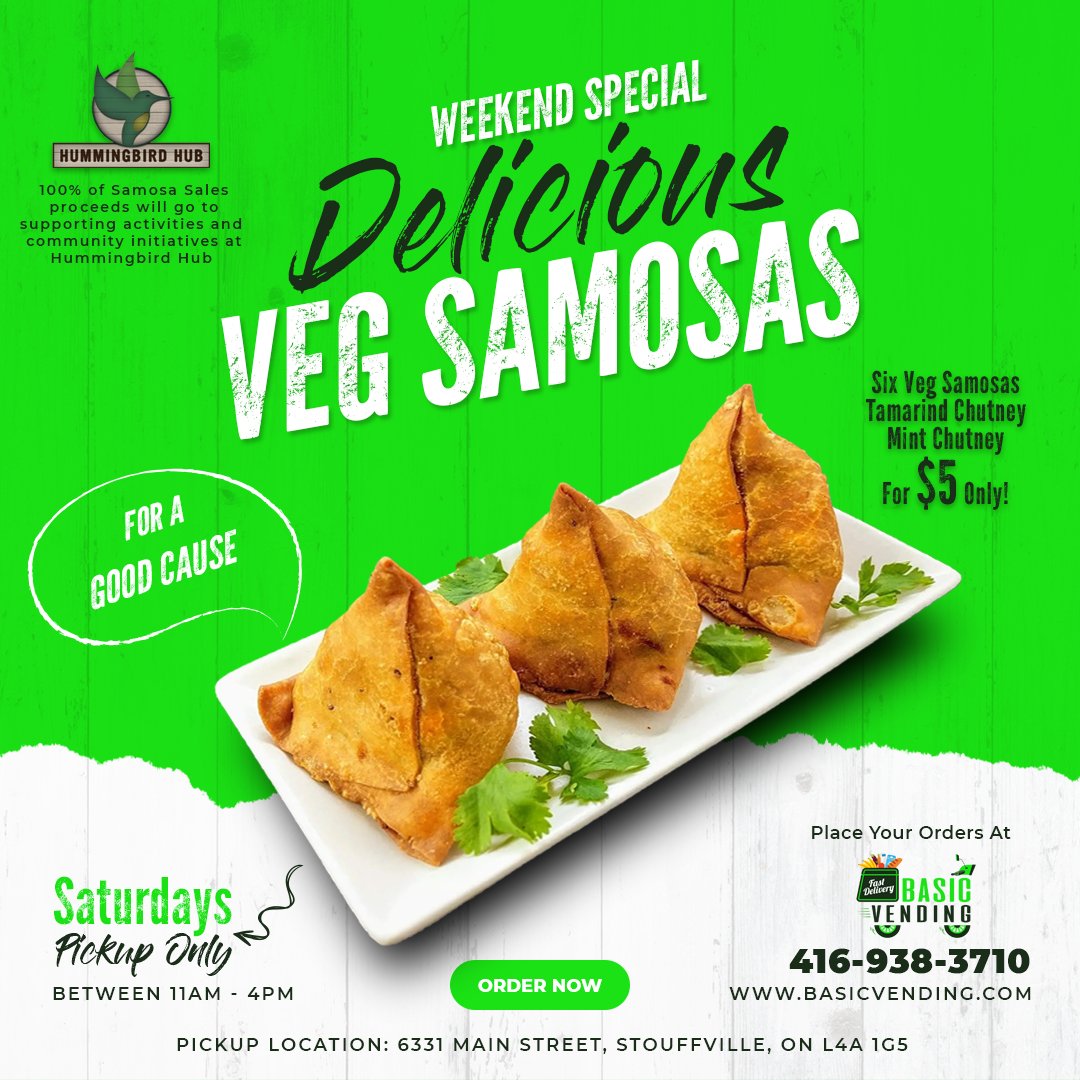 basicvending's tweet photo. Contribute Towards #AGoodCause With A Mouth-Watering Twist!

- 6 #Delicious Veg #Samosas
- With Tamarind &amp; Mint Chutneys
- Saturdays Only (11 am - 4 pm)
- Pickup Only

Pre-Order @ https://t.co/4j0cbDYfcK Today!

All sales proceeds will go to #HummingbirdHub. https://t.co/iGLWWKw4Z7