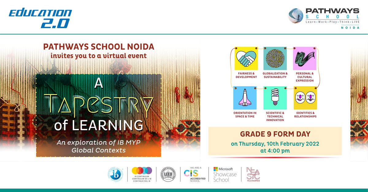 PathwaysNoida's tweet photo. Students of MYP 4 present to you Form Day, 'Tapestryโ - an exploration of IB MYP Global Contexts, to create a tapestry of consciousness, action and transformation on 10th February 2022.
.
#FormDay #Tapestry #Pathways #PathwaysSchoolNoida #IBSchool #Learn #Work #Play #Think #Live https://t.co/HFp1Ze5kCN