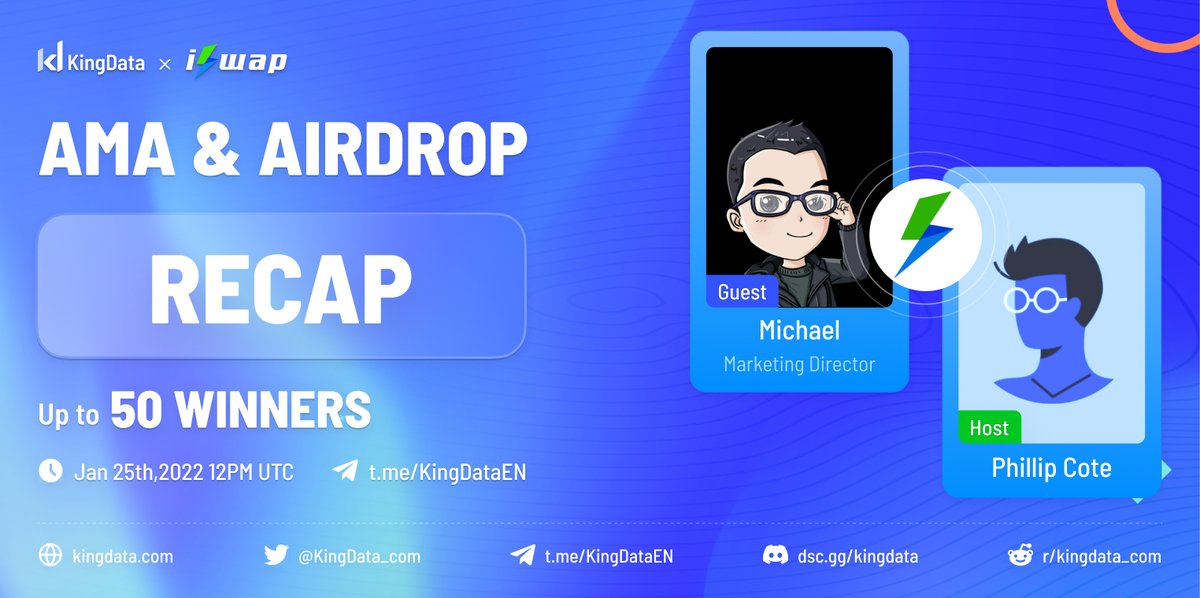 KingData_com's tweet photo. 📄 In case you missed out @iSwapCom's #AMA session with #KingData's English Telegram community group last January 25th, here's the recap: https://t.co/UOdMqMGa7C
📝 Included in this recap are the quick quiz summary and the #airdrop winners list. https://t.co/wRj9n3uYhv