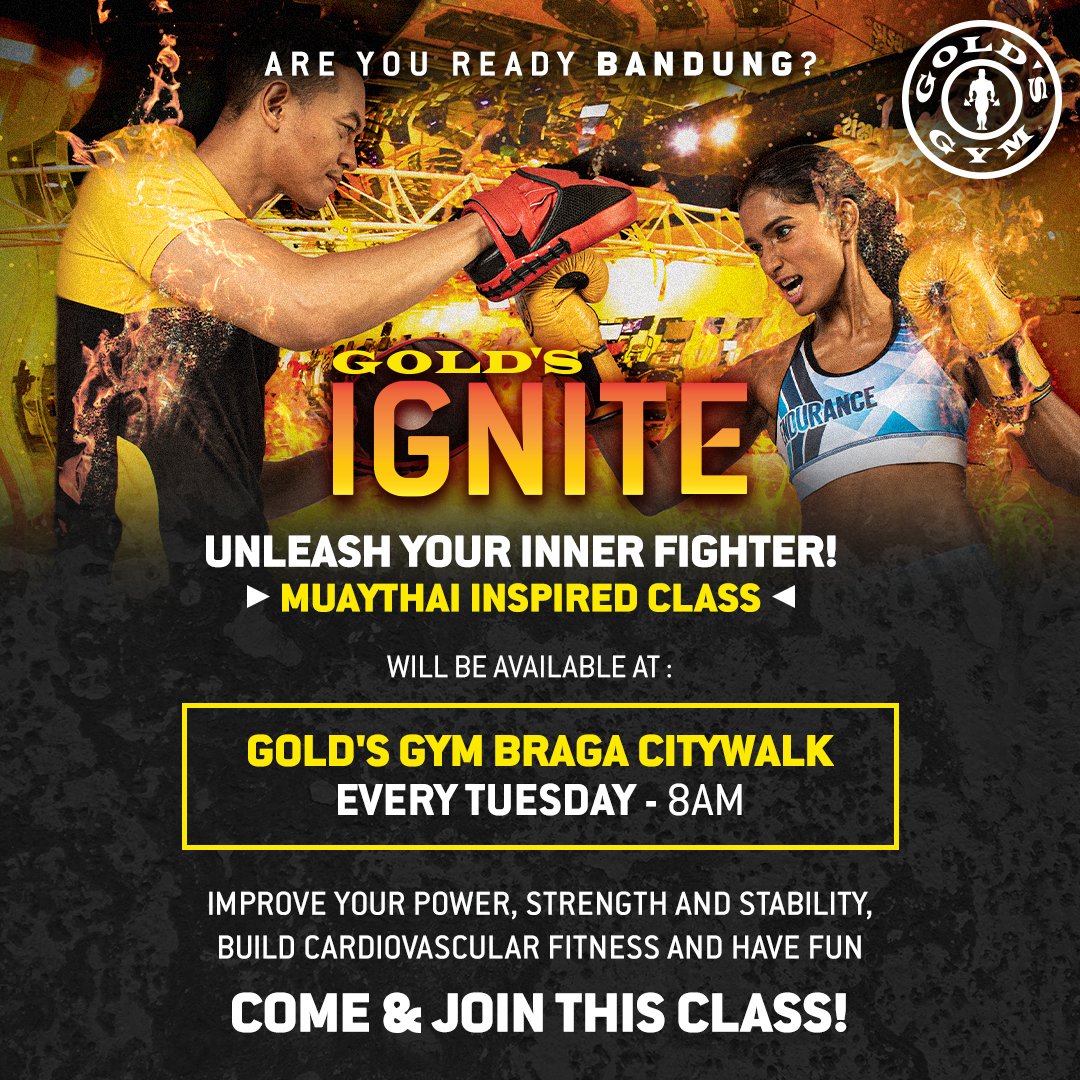 Di Gold’s Gym Braga ada yg special loh!
GOLD’S IGNITE untuk mendukung kalian yg tertarik mengikuti kelas Muaythai, terutama untuk membangun kekuatan tubuh, stabilitas tubuh dan pastinya dengan sesi yg menyenangkan!

Join di GOLD’S GYM BRAGA CITYWALK
Setiap Selasa jam 8 pagi 🔥🔥