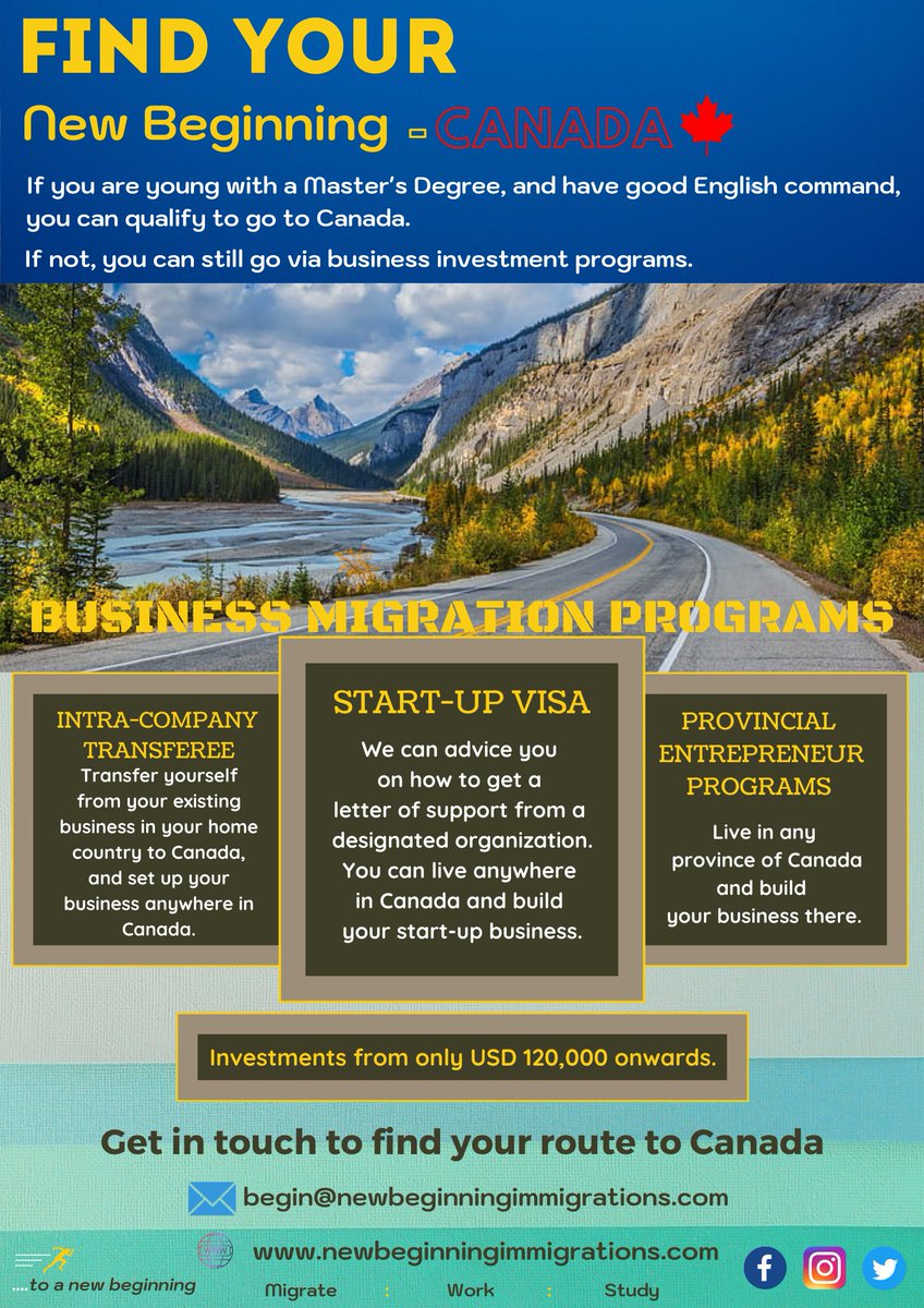 NImmigrations's tweet image. Find your new beginning in Canada....
Migrate : Work : Study

#goalsfor2022 #BetterLifeAhead #startupvisa #startupvisaCanada #businessvisa #entrepreneurship #provincialnomineeprogram #PermanentResidencyinCanada