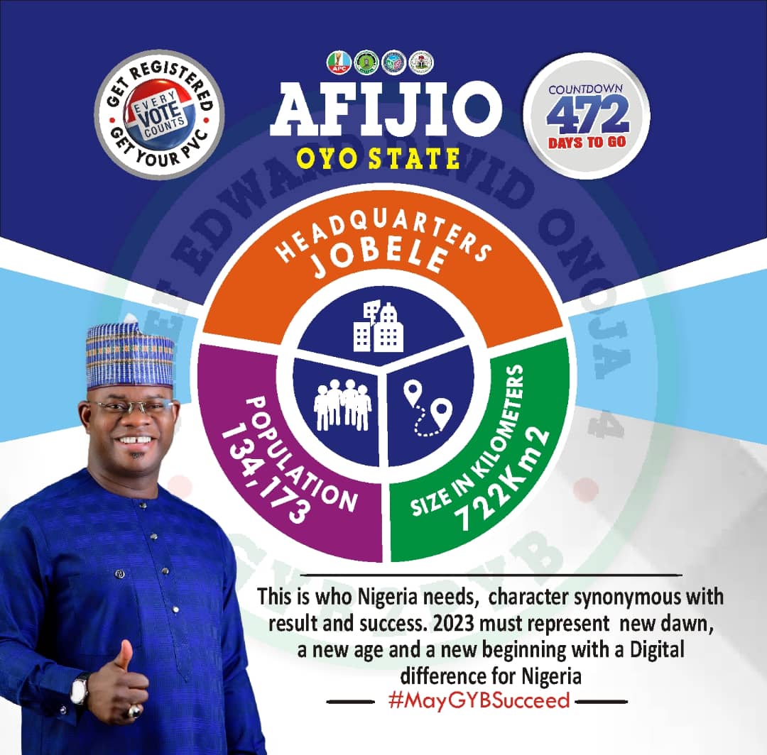 K_haruna07's tweet photo. *472 Days To Villa*

*AFIJIO LG OF OYO STATE*

This is who Nigeria needs, character synonymous with result and success. 2023 must represent a new Dawn and a New beginning with a digital difference for Nigeria.

#KogiSecurity #GYB2PYB
#MayGYBSucceed
*Powered By CEDO 4 GYB2PYB https://t.co/VczruKlqRM