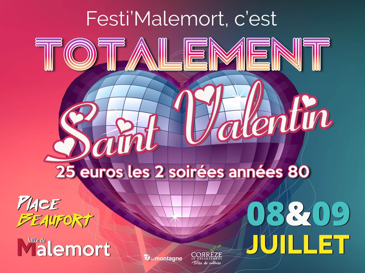 VilledeMalemort's tweet photo. Festi'Malemort - Totalement 80👩❤️💋👨
💞 Pensez à votre Valentine ou votre Valentin pour la fête des Amoureux
🎫 Pack 25 € les 2 soirées par personne – Collectif Métissé & #Totalement80 avec Lio, Patrick Hernandez, Ottawan ... à #Malemort
ℹ️ https://t.co/D1FQSnkkHq
#festimalemort https://t.co/kbZyno0KXc