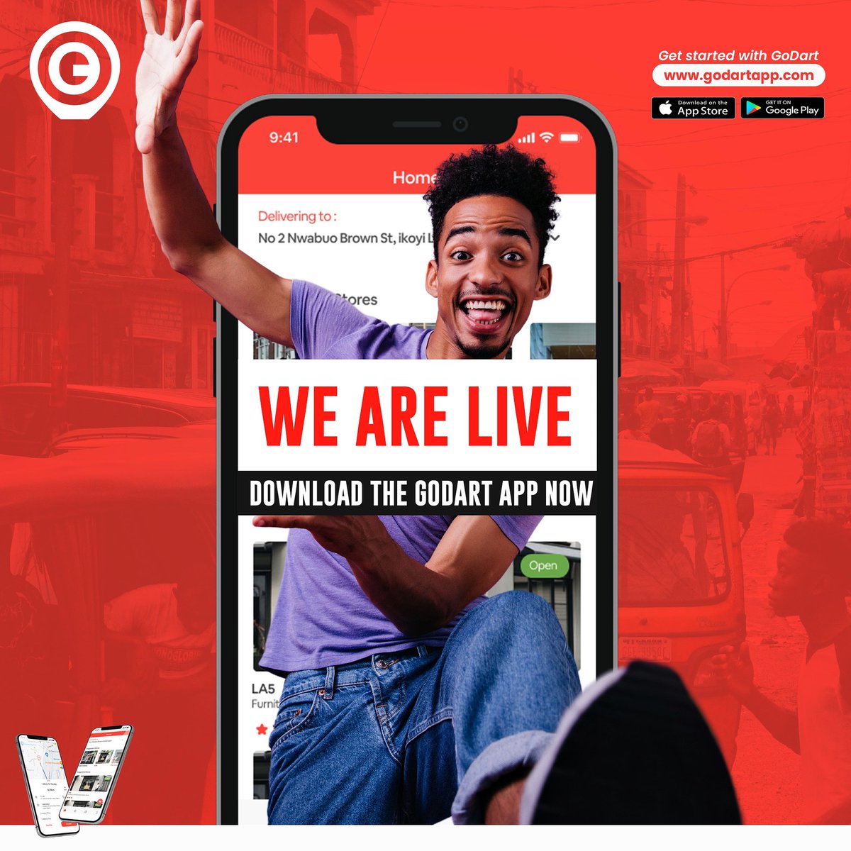 godartapp's tweet photo. WE ARE LIVE!!
Welcome to the unveiling of ease, convenience and stress free transactions when it comes to business transactions and logistics in #LagosNigeria
The #GoDartApp is officially live and ready to use! We are on the go for you!
#GoDartApp #OnTheGoForYou https://t.co/HAmpCrTrcG