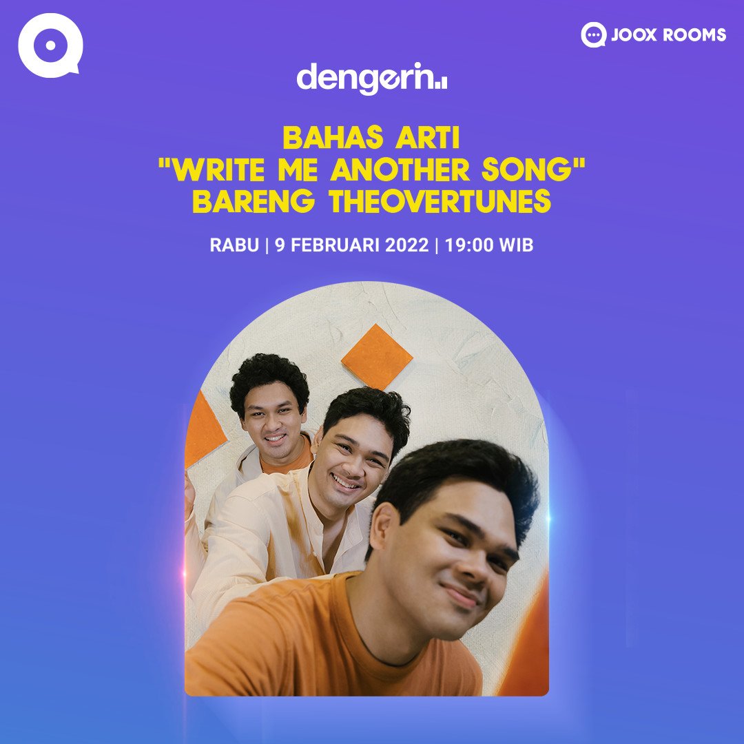 TheOvertunes's tweet photo. #WriteMeAnotherSong kalau buat kalian artinya apa sih?

Kalau buat kami sihhhh~~

----

Yuk, nanti malem dengerin boys ngobrol tentang #WMASTheOvertunes bareng @JOOX_ID
#JOOXID #diROOMSaja

🔗 : https://t.co/dzjnvLtNRz https://t.co/deQBN24cy9