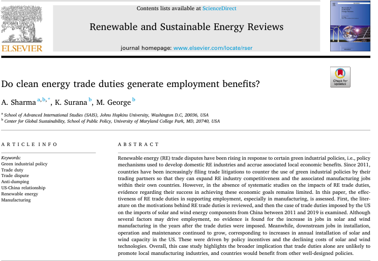 anjali1092's tweet photo. THREAD: In our new paper in RSER, we argue that countries are unlikely to promote domestic RE manufacturing by imposing trade duties on their trading partners. 
https://t.co/AXZdt3yFdB https://t.co/rZPl5HgF4B