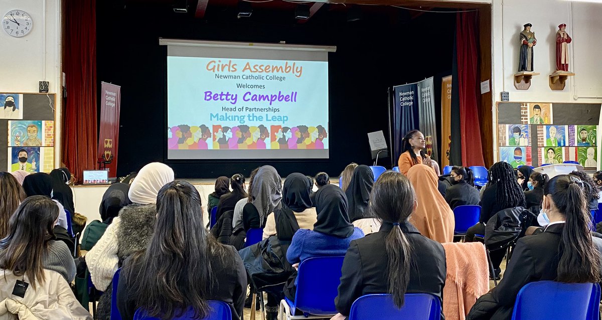 NCCBrent's tweet photo. #girlsassembly All of our female students have joined us from overseas many from challenging circumstances. It was wonderful to welcome #bettycampbell @MTLtweet @MTLZAtweet to inspire & empower our girls. Betty shared a wealth of knowledge & careers tips @danny_ncc @The_Us_Trust https://t.co/DPOMzKIpjG